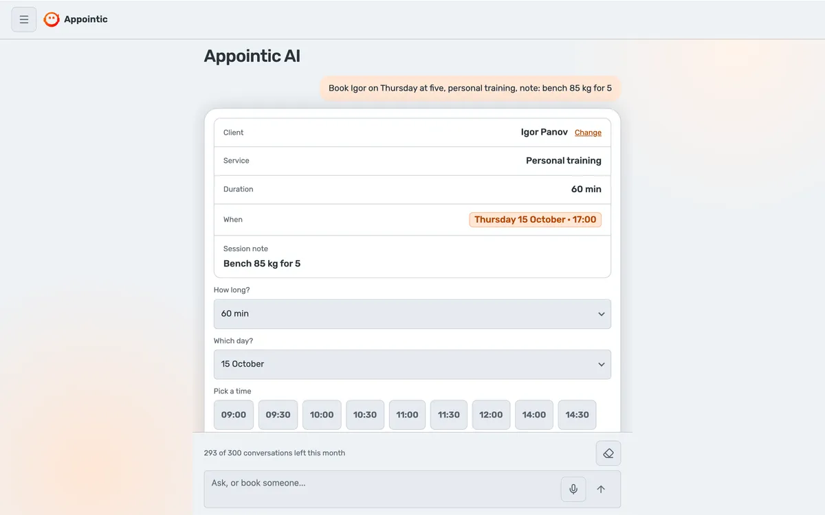 A booking card drafted by the assistant